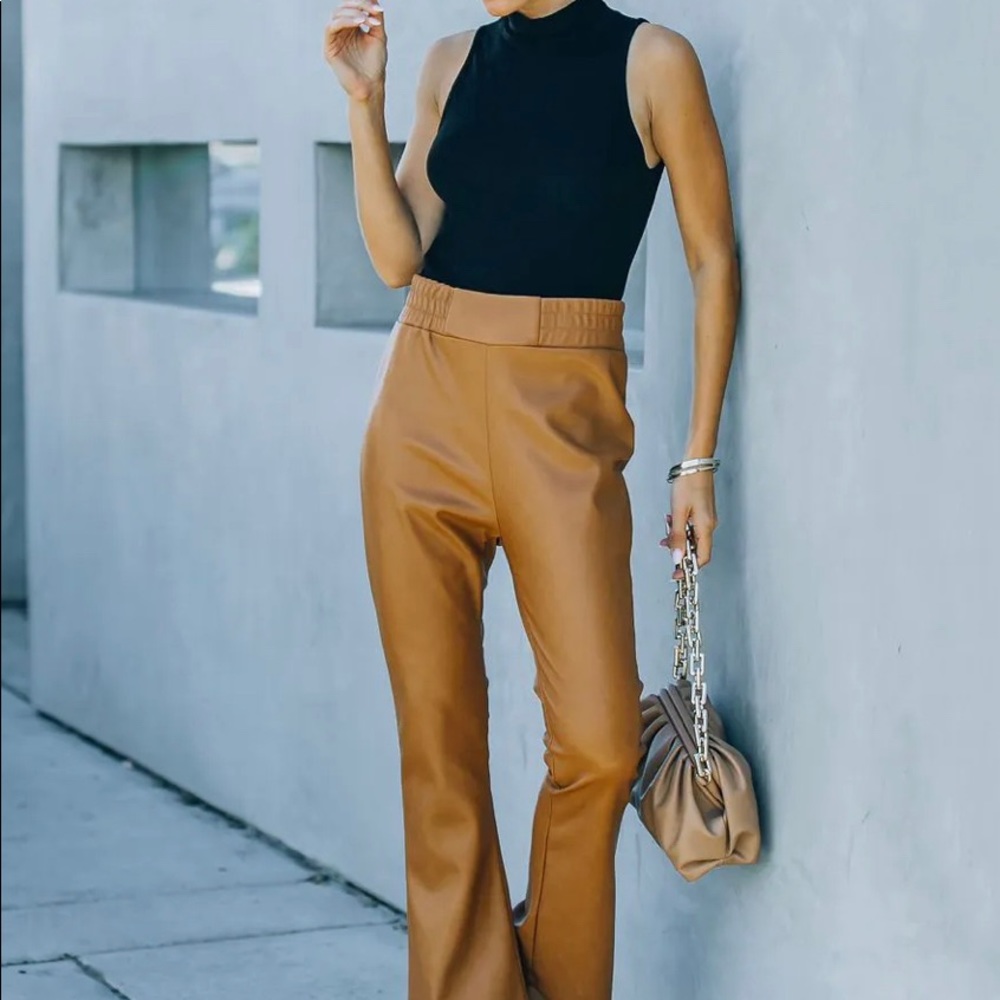 Vici-VIRA HIGH RISE FAUX LEATHER FLARE PANTS - COGNAC